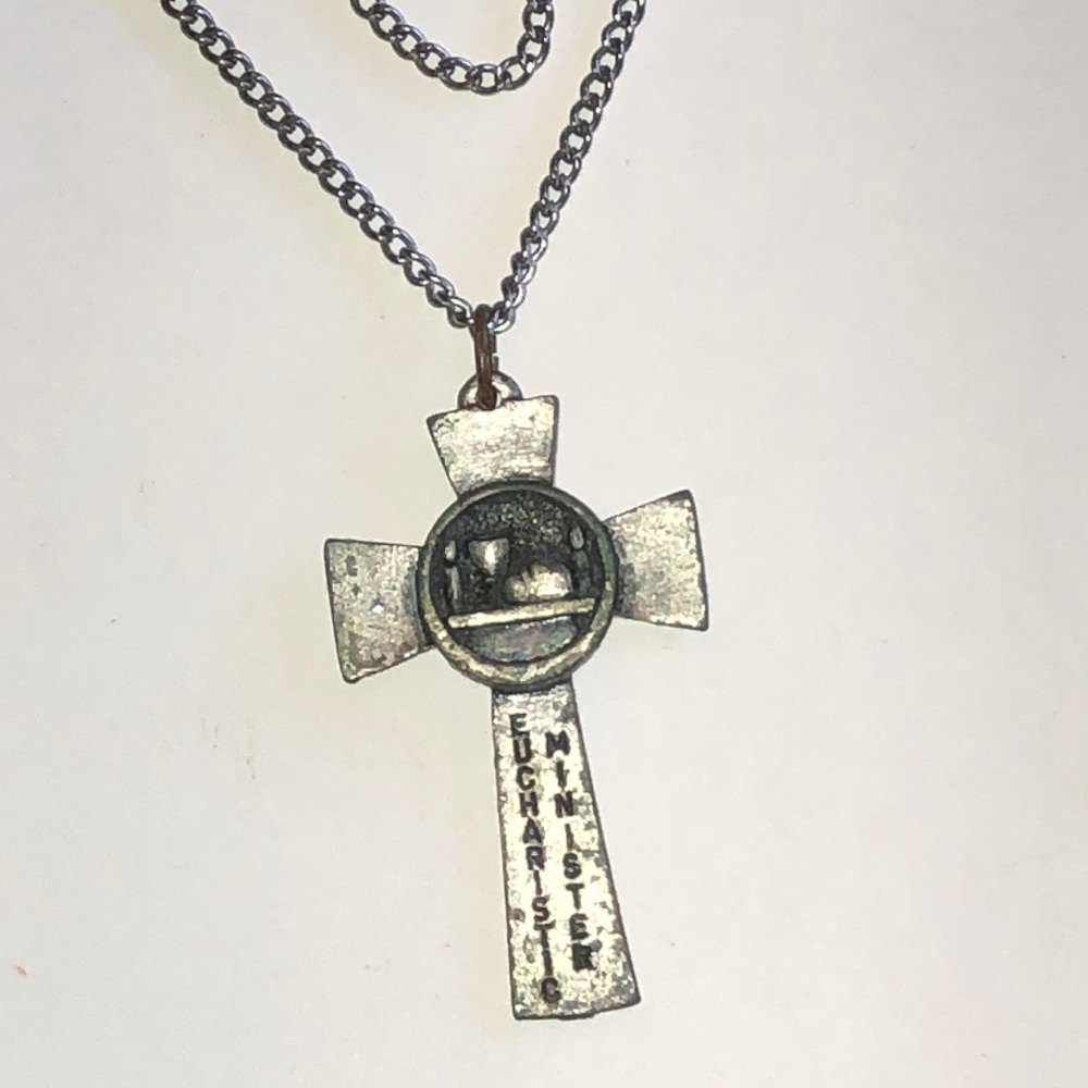 Silver Tone Christian Cross Necklace with Eucharistic Minister Inscription